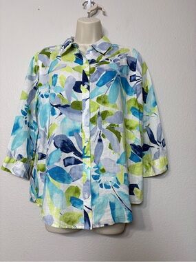 Chico's No Iron Linen Vibrant Blue, Navy & Lime Watercolor Leaf Button Up Blouse